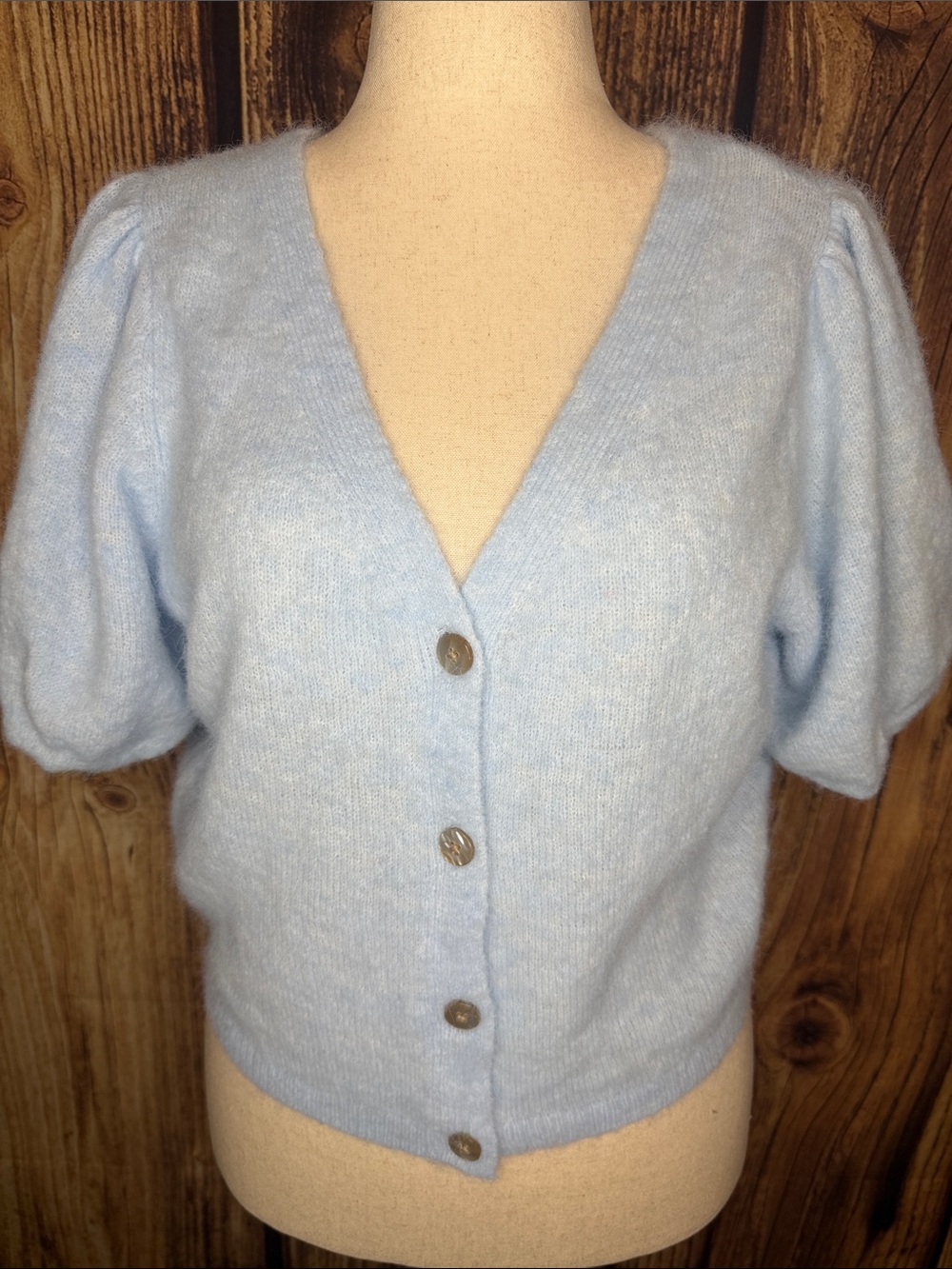 wild fable Pale Blue Puff Sleeve V-Neck Button Cardigan